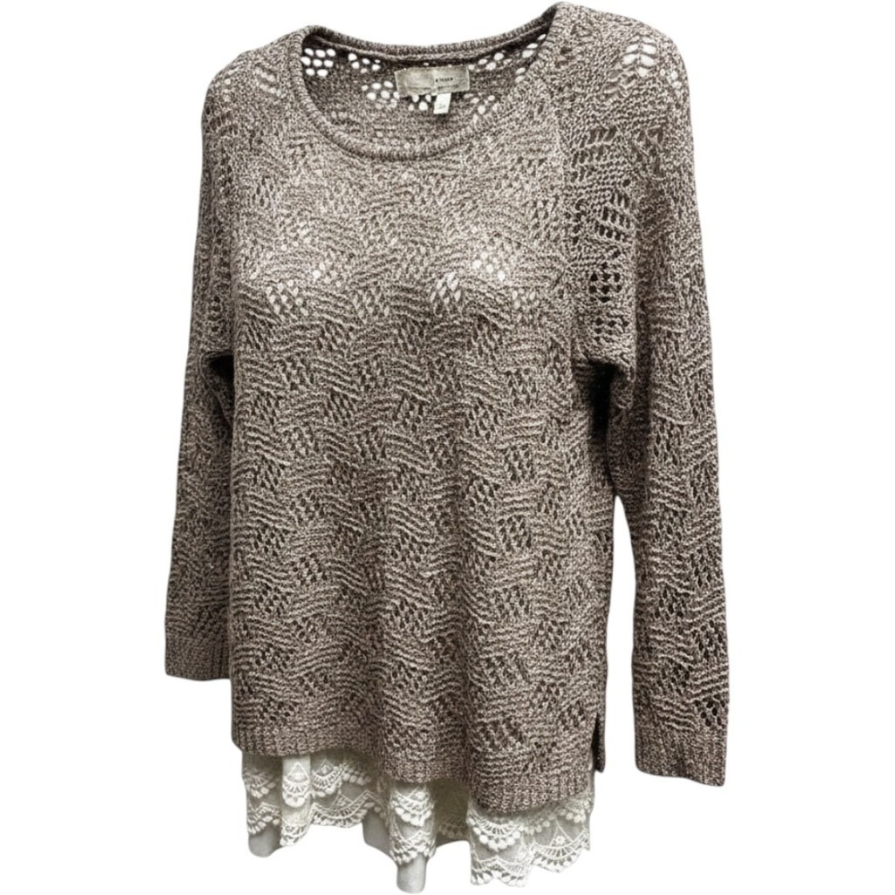 A'reve Open Knit Sweater Women M/L Taupe Lace Trim Rhinestone Split Back Cottage